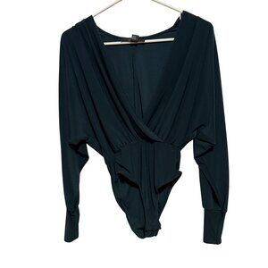 Forever 21 Womens XS Dark Green Long Sleeve Deep V-Neck Bodysuit